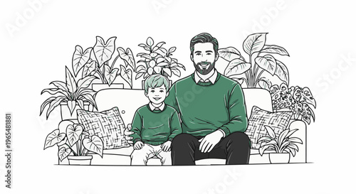 Father and son sitting on a couch surrounded by lush green houseplants