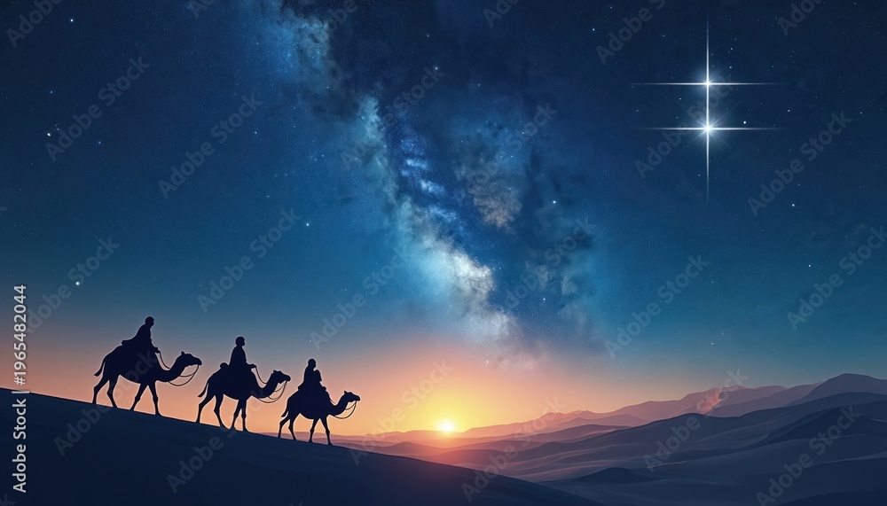 Fototapeta premium Three silhouetted figures ride camels across desert dunes under starry sky. Follow bright star, journeying towards glowing sunset on horizon, representing long spiritual quest, religious narrative