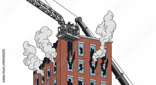 Firefighters in cherry picker combat building fire with heavy smoke