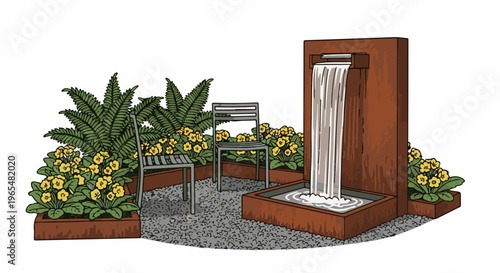 Modern garden scene with chairs, blooming yellow flowers, lush ferns, and a waterfall feature