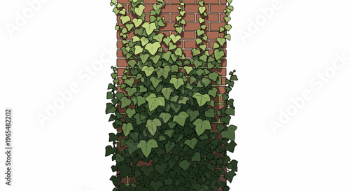 Green ivy climbs up a textured red brick wall