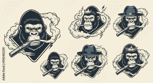 Gorillas with e-cigarettes and hats/crowns emit clouds of smoke