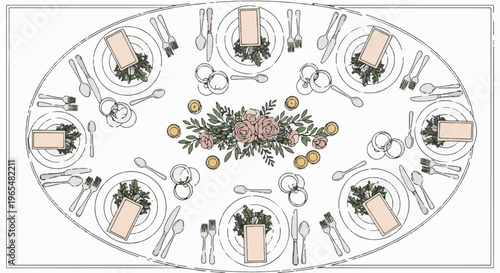 Elegant top-down view of a formal table setting with floral centerpiece