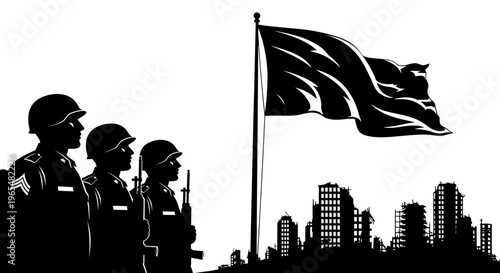 Soldiers Standing Guard in Ruined City with Waving Flag