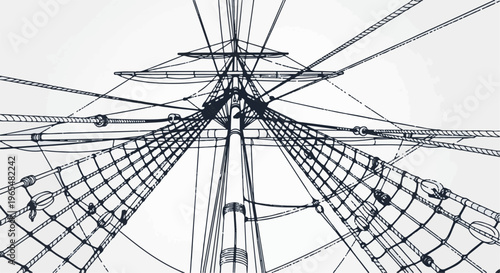 Intricate rigging and mast details of a sailing vessel viewed from below