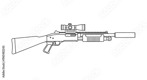Tactical Shotgun with Scope and Silencer - Line Art Illustration