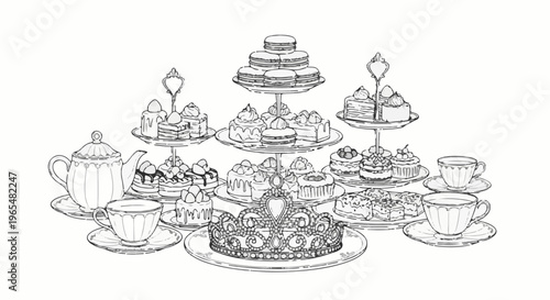 Elegant tea set with tiered cakes, macarons, crown, and cups for a special occasion
