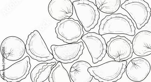 Hand-drawn illustration of various filled dumplings scattered across a white background