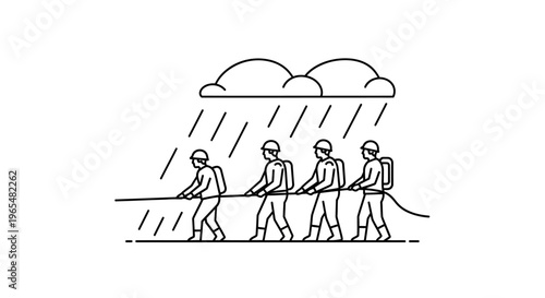 Teamwork in adversity: workers pull rope in heavy rain under storm clouds