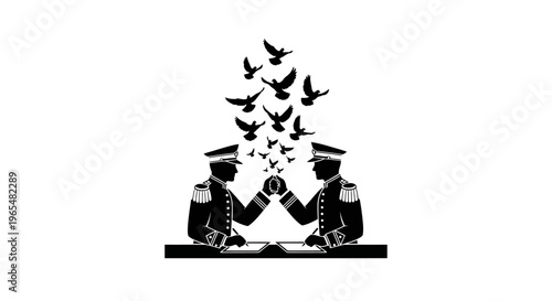 Two officers shaking hands over a book, doves flying out, symbolizing peace and diplomacy
