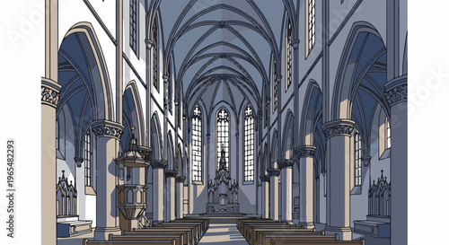 Interior view of a grand Gothic cathedral with tall arches, vaulted ceiling and stained glass