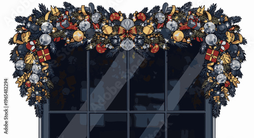 Festive garland of pine, baubles, gifts, and ribbons adorns a dark window
