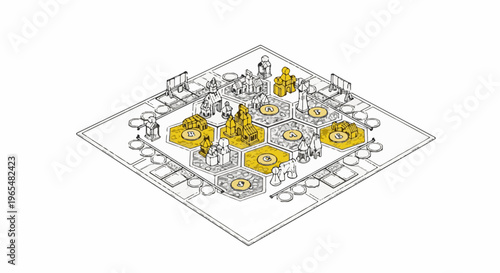 Hexagonal board game with yellow highlighted tiles and miniature structures