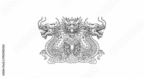 Intricate black and white drawing of a mythical dragon with multiple heads and swirling clouds
