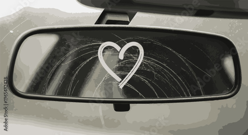 Heart drawn on a car's rear-view mirror, reflecting streaks