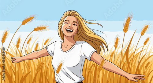 Joyful blonde woman in white shirt with arms outstretched in a wheat field