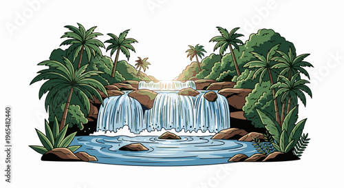 Lush jungle waterfall cascading into tranquil blue water under bright sun
