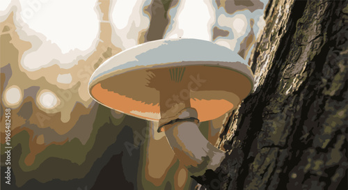 Low-angle view of a light-colored mushroom growing on a textured tree trunk