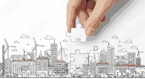 Hand placing a puzzle piece on a city skyline with renewable energy