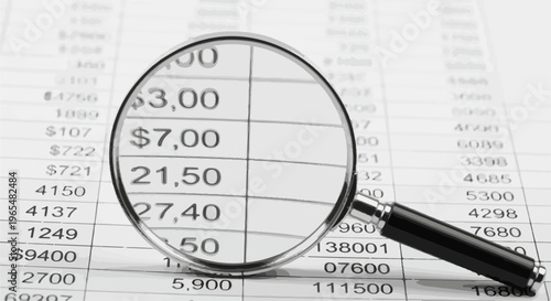 Magnifying glass examining financial data and numbers on a grid