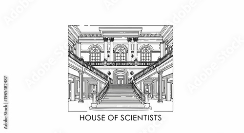 Grand interior with symmetrical dual staircase leading to upper levels, architectural drawing