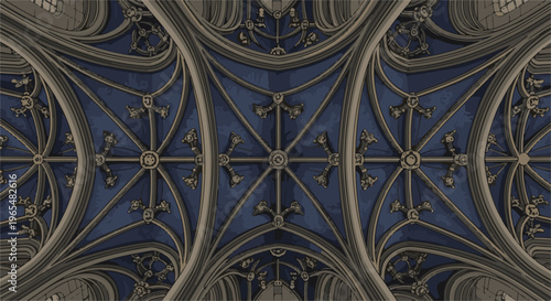 Intricate gothic vaulted ceiling with dark blue panels and ornate grey stone tracery