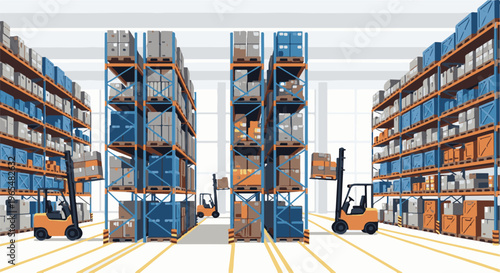 Forklifts move boxes within a large, brightly lit warehouse with high shelves