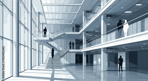 Modern interior atrium with grand staircase, glass walls, and silhouetted figures