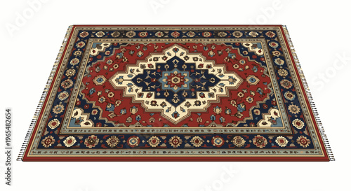 Intricate red, blue, and cream oriental rug with fringe