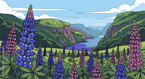 Field of colorful lupine flowers with a fjord and mountains background