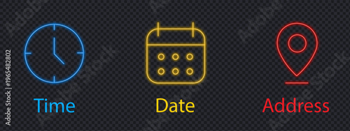 Time date and address location neon line icon set. Event schedule and contact information UI symbol. Vector Illustration.
