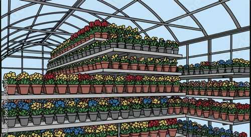 Many potted flowers displayed on shelves inside a greenhouse