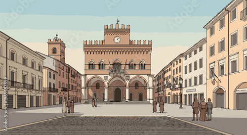 Medieval town square with people and buildings