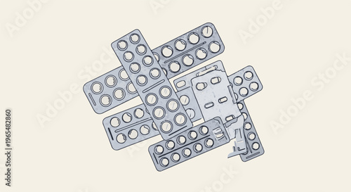 Pile of medicine blister packs with circular pills, artistic style