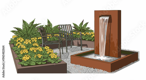 Modern garden seating area with a cascading water feature and lush yellow blooms