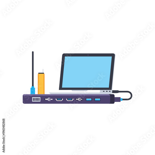 usb hub connected to laptop with ethernet and flash drive vector illustration