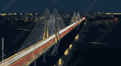 Modern suspension bridge illuminated at night with city skyline and car lights