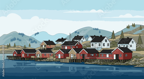 Pixel art scene of coastal village with red and white houses on stilts by mountains