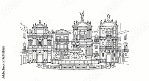 Ornate fountain centered amidst grand, classical architecture with statues