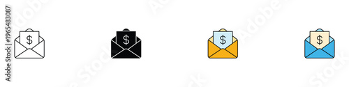 Open envelope with dollar money bill icon set. Financial mail and salary payment symbol. Vector Illustration.