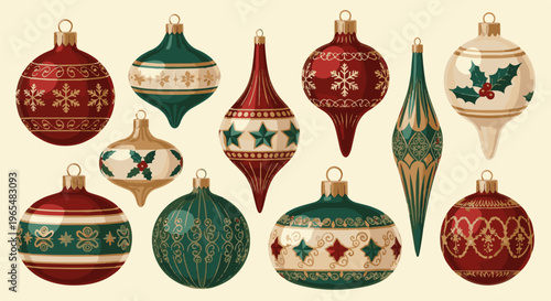 Collection of ornate, vintage-style Christmas ornaments in red, green, and gold