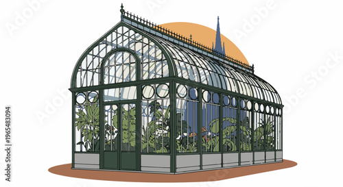 Ornate glass conservatory filled with lush green plants under a warm sunset