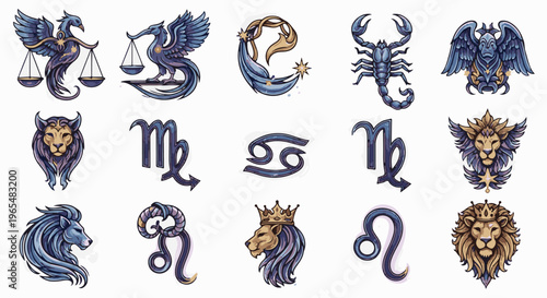 Collection of astrological symbols featuring mythical creatures and zodiac signs