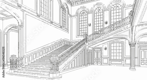 Ornate grand staircase inside a classical building with arched windows
