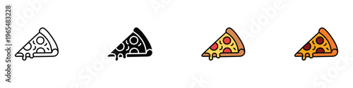 Delicious pepperoni pizza slice icon set. Fast food and italian restaurant symbol. Vector Illustration.