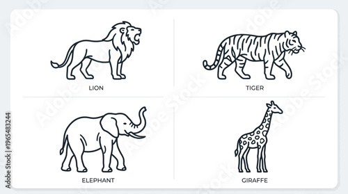 Black and white line drawings animals.