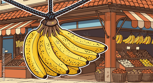 Ripe bananas displayed at a vibrant outdoor market stall