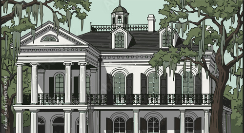 Ornate mansion with columns, balconies, and Spanish moss-draped trees