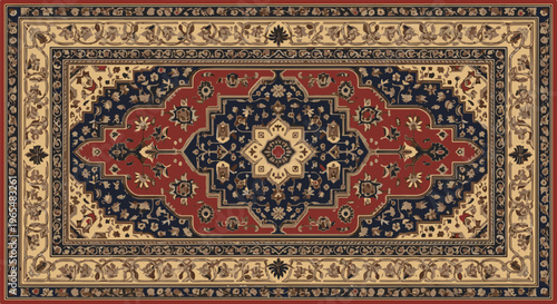 Ornate Persian rug with intricate floral patterns in red, navy, and beige hues