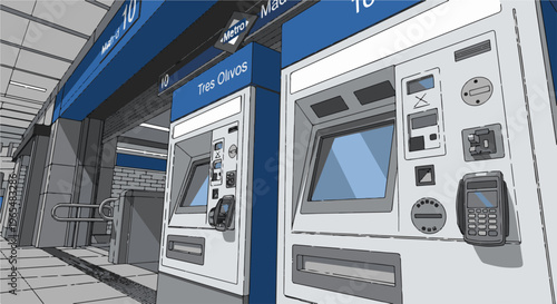 Cartoon illustration of a modern subway station ticket booth and turnstiles